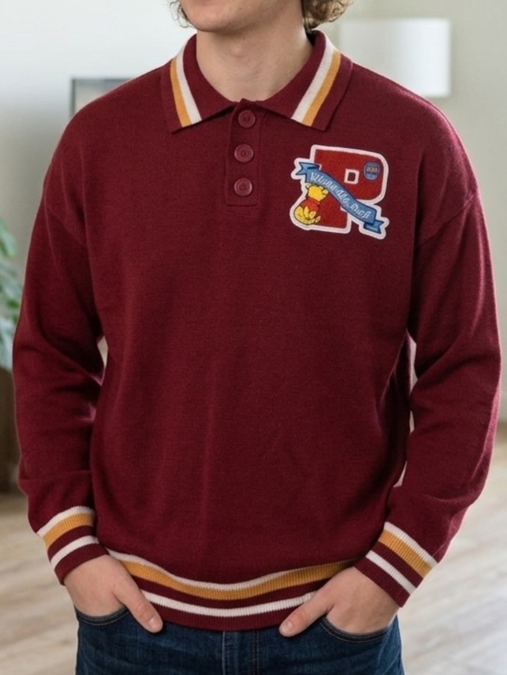 Disney Winnie the Pooh Collegiate Varsity Polo Sweater - Maroon - Size MD